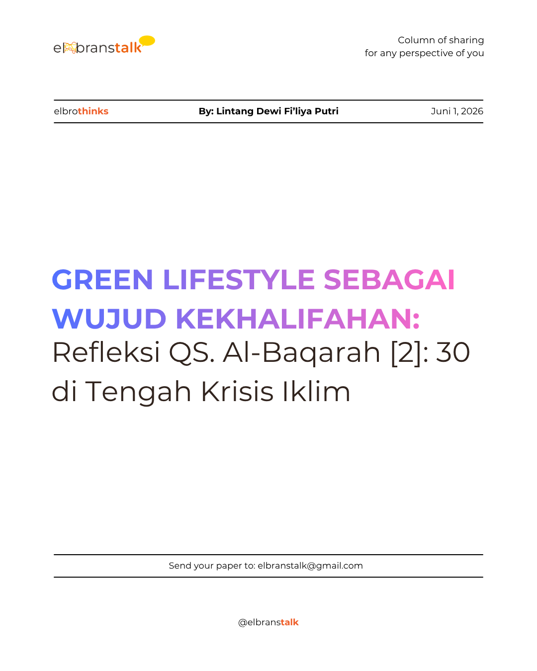 Green Lifestyle sebagai Wujud Kekhalifahan: Refleksi QS. Al-Baqarah [2]: 30 di Tengah Krisis Iklim